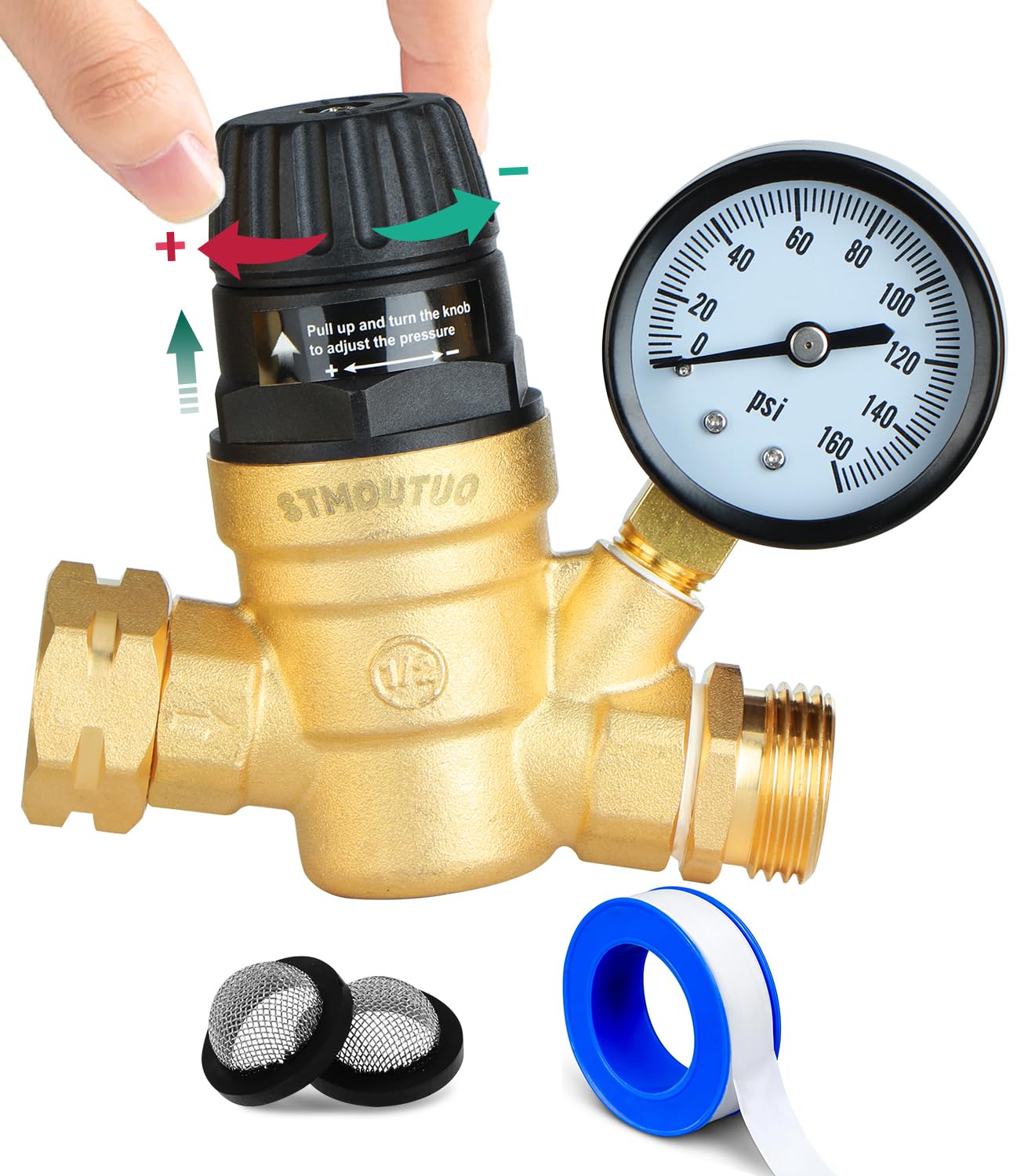 Stmoutuo Rv Water Pressure Regulator For Rv Camper. Brass Lead-Free Adjustable Camper Water Pressure Regulator With 0-160 Psi Ga